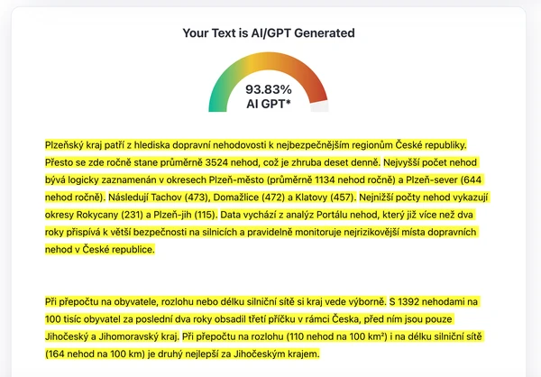 ZeroGPT naopak špatně označil text jako generovaný