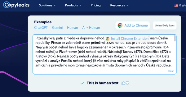 Copyleaks AI Detector poznal lidský text