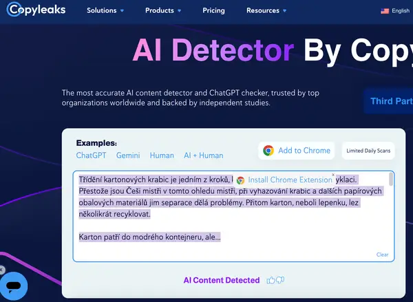 Copyleaks AI Detector označil celý text jako umělý
